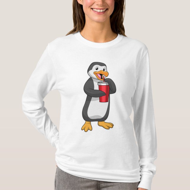 Penguin med Drinking kopp med Straw T Shirt (Framsida)