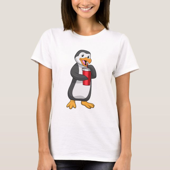 Penguin med Drinking kopp med Straw T Shirt (Framsida)