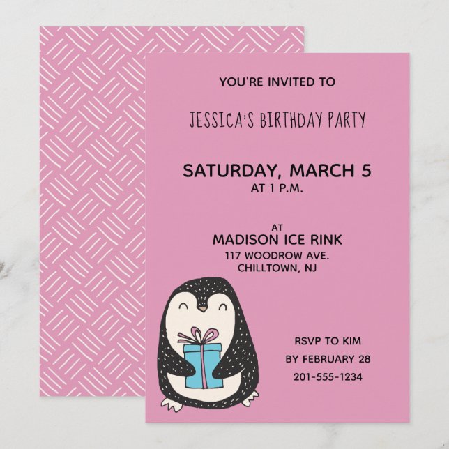 Penguin med en Födelsedagsfest för aktuell Personl Inbjudningar (Fram/baksida)