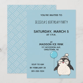 Penguin med en Födelsedagsfest för ballonPersonlig Inbjudningar