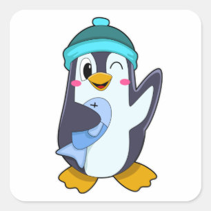 Penguin med fisk och fett fyrkantigt klistermärke
