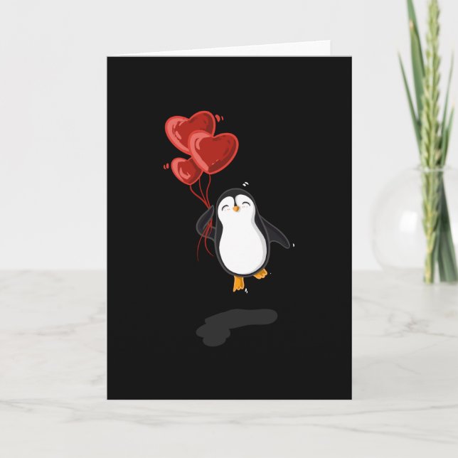 Penguin med hjärtballonger. kort (Framsida)
