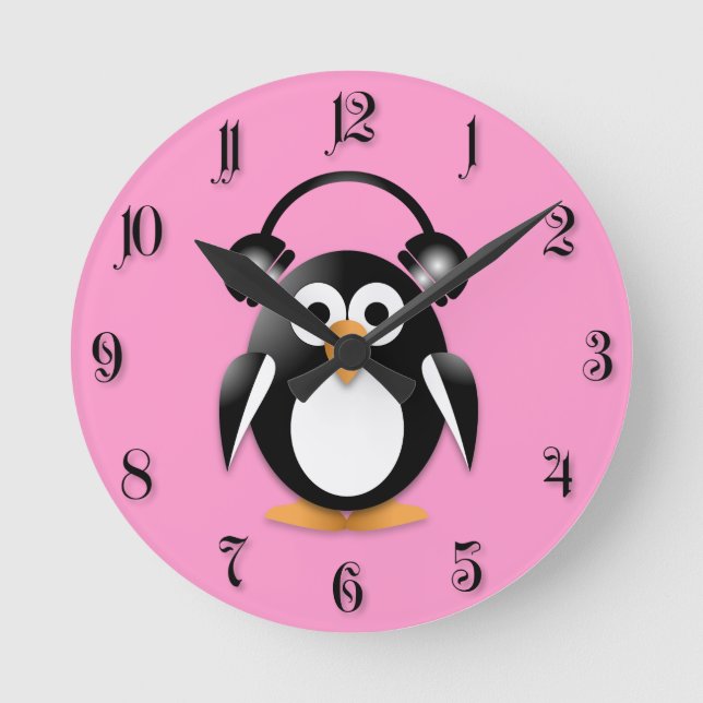 Penguin med hörlurar rund klocka (Framsida)