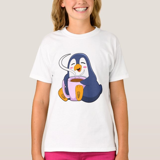 Penguin med Kopp i kaffe T Shirt (Framsida)
