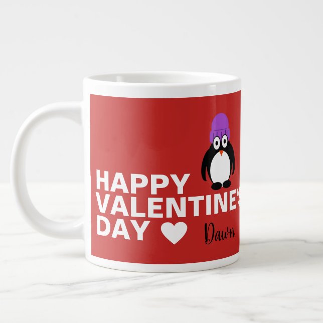 Penguin med Lila Valentindagen Jumbo Mugg (Vänster)