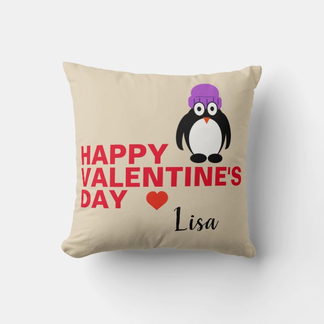 Penguin med Lila Valentindagen Kudde (Framsida)