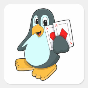 Penguin med Poker-kort Fyrkantigt Klistermärke