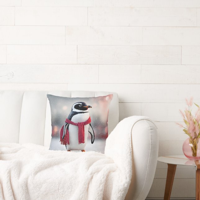 Penguin med rödscarf i Snöflingor Kudde (Soffa)
