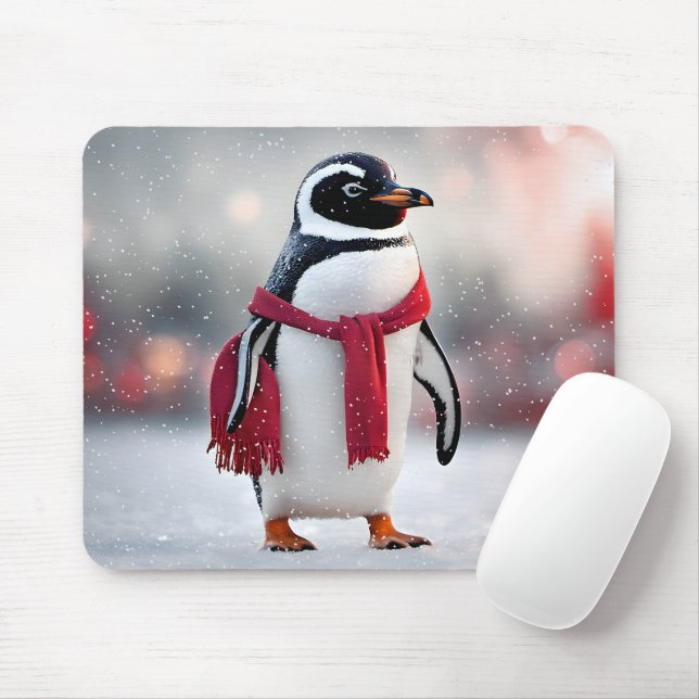 Penguin med rödscarf i Snöflingor Musmatta (Med mus)