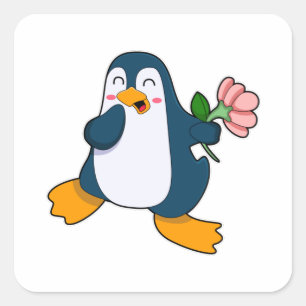 Penguin med rosa Flower Fyrkantigt Klistermärke