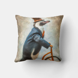 Penguin med Top hat och Blazer Riding en cykel Kudde