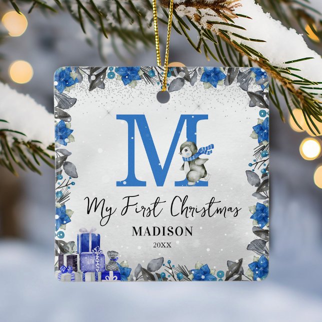 Penguin Monogram Baby Stats Första jul Julgransprydnad Keramik (Skapare uppladdad)