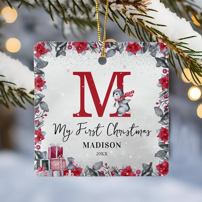 Penguin Monogram Baby Stats Första jul Julgransprydnad Keramik (Skapare uppladdad)