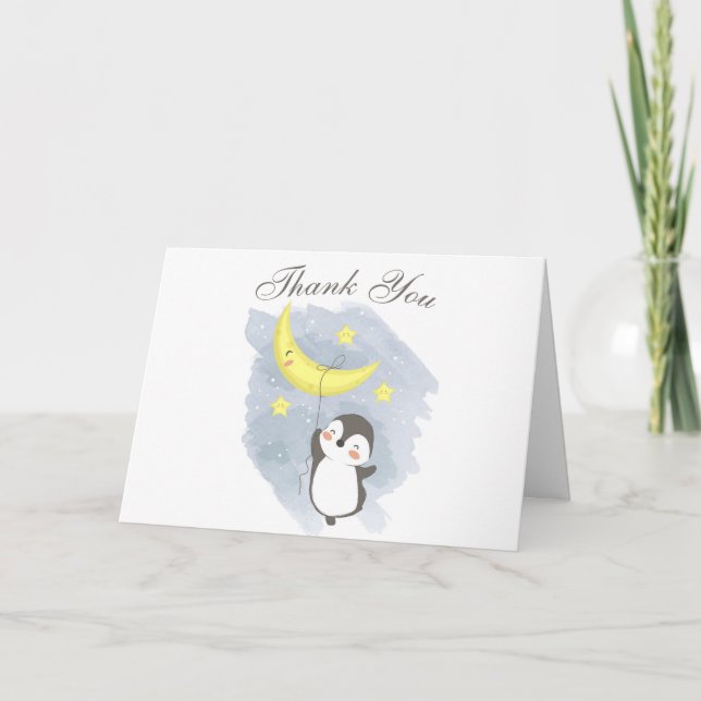 Penguin Moon Baby Shower Watercolor Tacksamhetskor Kort (Framsida)