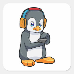 Penguin Music Headphone Fyrkantigt Klistermärke