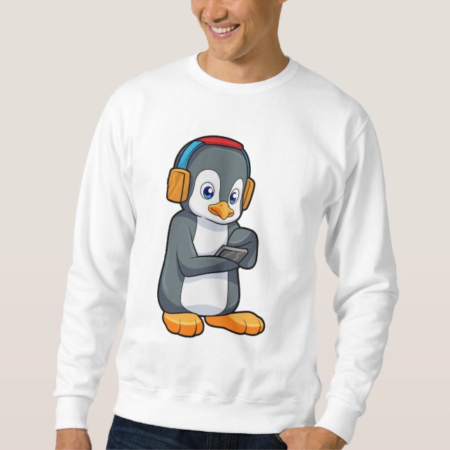 Penguin Music Headphone Lång Ärmad Tröja (Framsida)