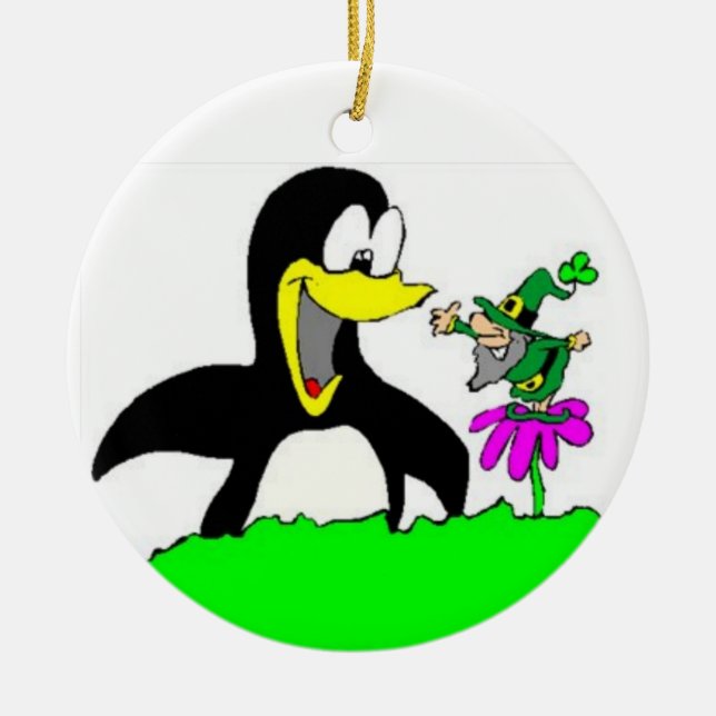 Penguin och Leprechaun Tecknad Ornament (Framsidan)