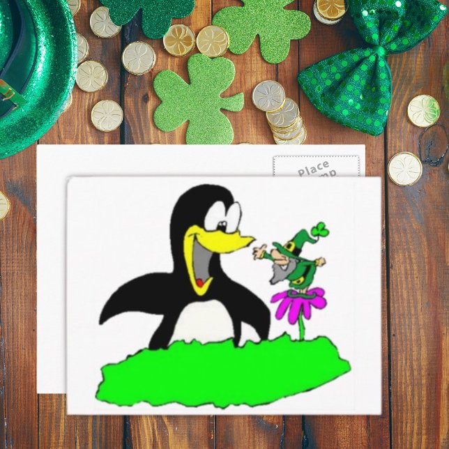Penguin och Leprechaun Vykort (Penguin and Leprechaun Postcard)