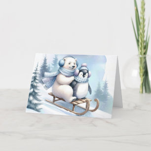 Penguin och Polar Bear på en skiva Helgkort