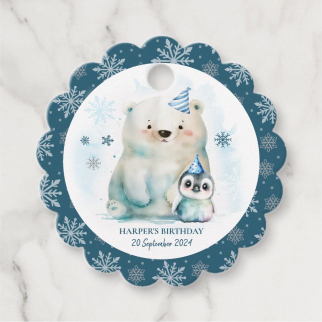 Penguin och Polar Bear Winter Birthday Gåvor Etiketter (Framsida)