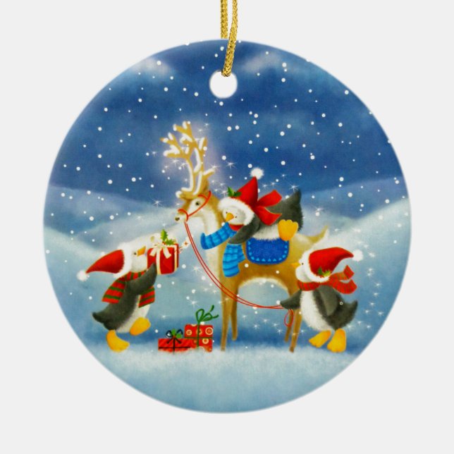 Penguin och Reindeer Julgransprydnad Keramik (Framsidan)