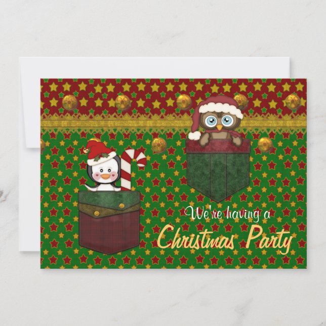 Penguin och Uggla Rustic jul Party - Groon Inbjudningar (Framsida)