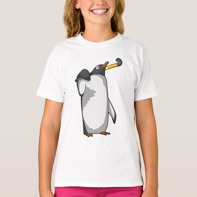 Penguin på Hockey med Hockey stick T Shirt (Framsida)