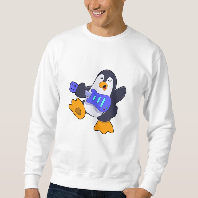 Penguin på Music med Guitar Lång Ärmad Tröja (Framsida)