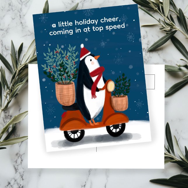 Penguin på Scooter Cute Jul-Anpassningsbarna Helg Vykort (Penguin on Scooter Cute Christmas Custom Holiday Postcard
)