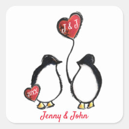 Penguin-par och hjärtballong bröllop fyrkantigt klistermärke