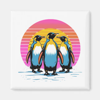 Penguin Parad - Retro Sunset Penguin Family Magnet