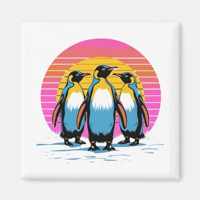 Penguin Parad - Retro Sunset Penguin Family Magnet (Framsidan)