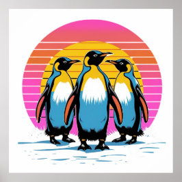 Penguin Parad - Retro Sunset Penguin Family Poster
