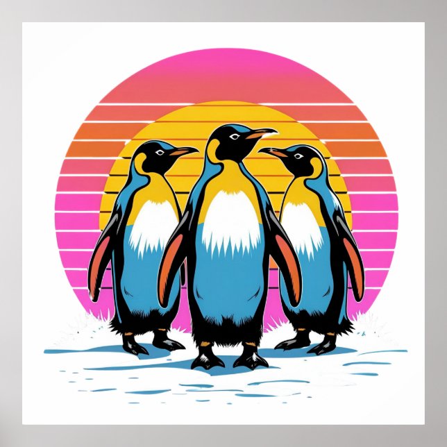 Penguin Parad - Retro Sunset Penguin Family Poster (Framsidan)