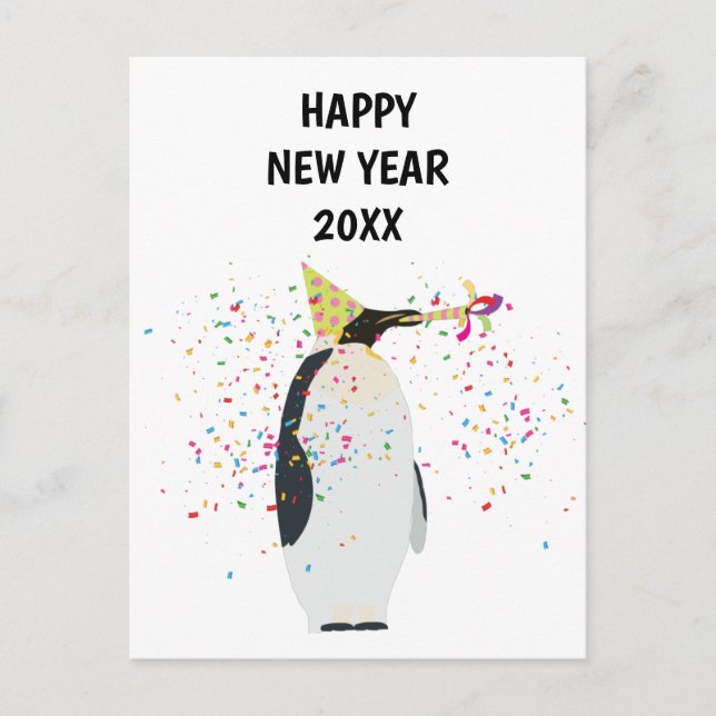 Penguin Partying - Nytt årskort för djur - Helgdag Helg Vykort (Framsida)