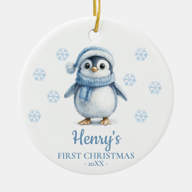 Penguin Personalized Baby's First Christmas Julgransprydnad Keramik (Framsidan)