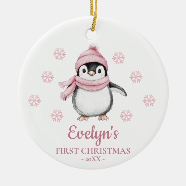 Penguin Personalized Girl's First Christmas Julgransprydnad Keramik (Framsidan)
