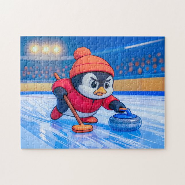 Penguin Playing Curling on an Icy Winter Rink Pussel (Horisontell)