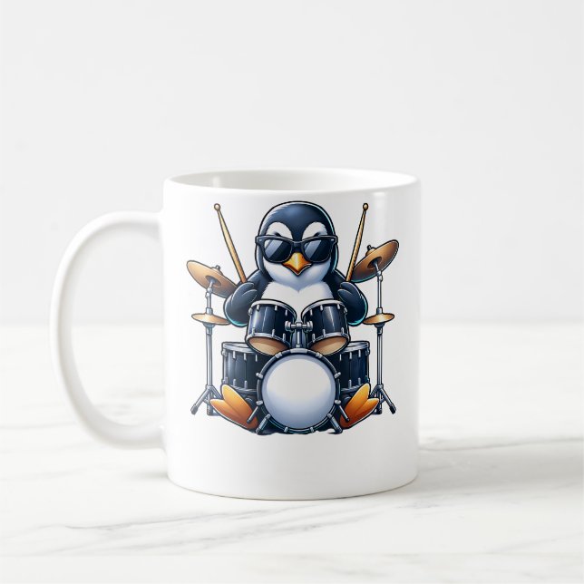 Penguin Playing Drums Rock Band Musician Funny Win Kaffemugg (Vänster)