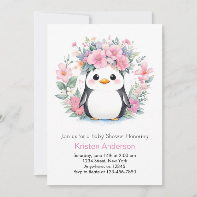 Penguin Playtime Fiesta: Girl Baby Shower Inbjudningar (Framsida)