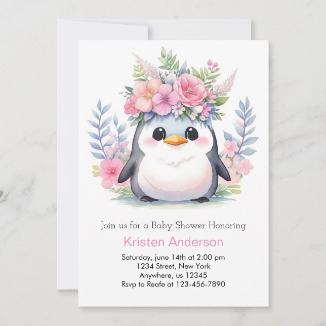 Penguin Princess Firande: Baby Shower för flickor Inbjudningar (Framsida)