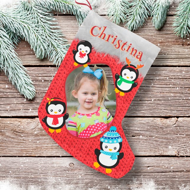 Penguin Red Cute Jul Kid Photo Namn Roligt Coola Liten Julstrumpa (Skapare uppladdad)