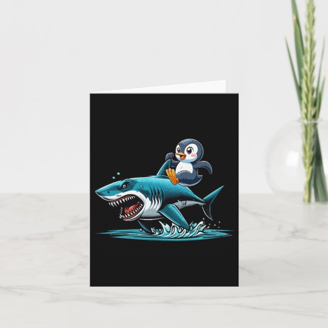 Penguin Riding Shark Costume Sea Animal Lover Kids Kort (Framsida)