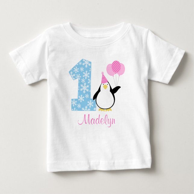 Penguin Rosa Blue Girl Winter Onederland Birthday T Shirt (Framsida)