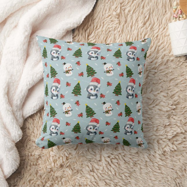 Penguin Santa Lycklig God jul träd mönster Kudde (Filt)