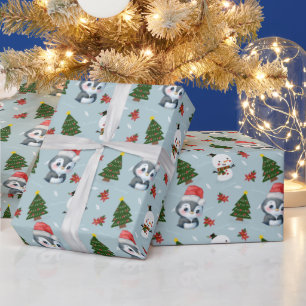 Penguin Santa Lycklig God jul träd mönster Presentpapper