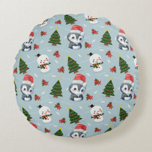 Penguin Santa Lycklig God jul träd mönster Rund Kudde