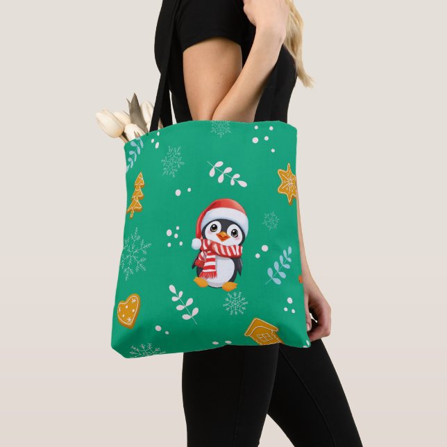 Penguin Santa Lycklig God jul träd mönster Tygkasse (Närbild)