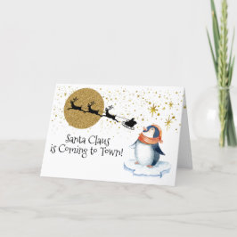 Penguin Santa Sleigh Guld Modern målning Helgkort