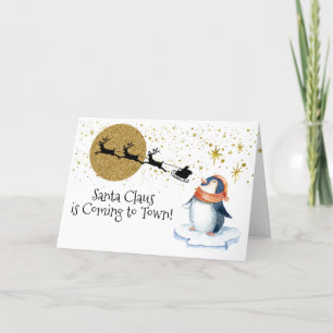 Penguin Santa Sleigh Guld Modern målning Helgkort